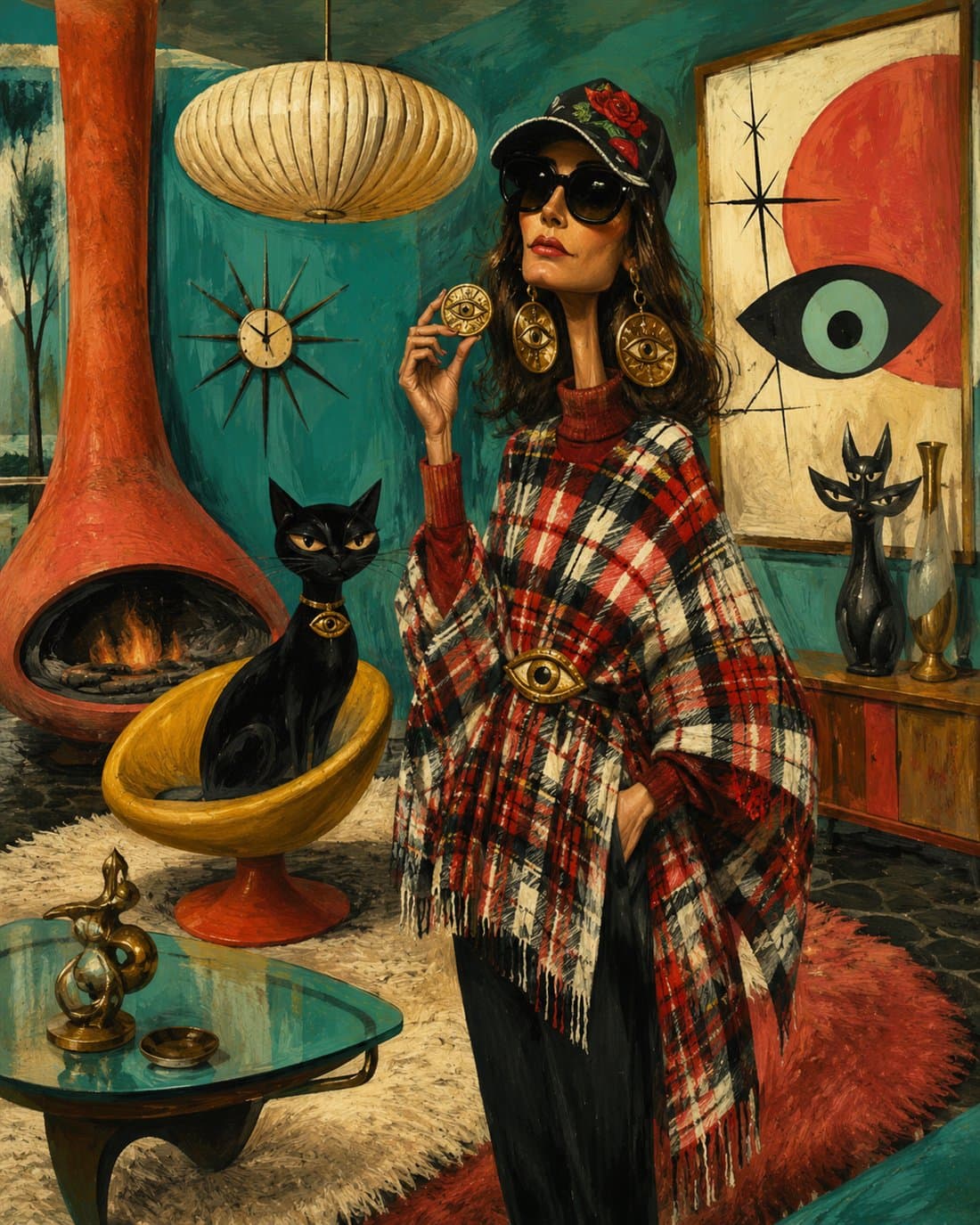 An AI painting of Ping in plaid and a rose cap, in a mid-century room with a black cat
