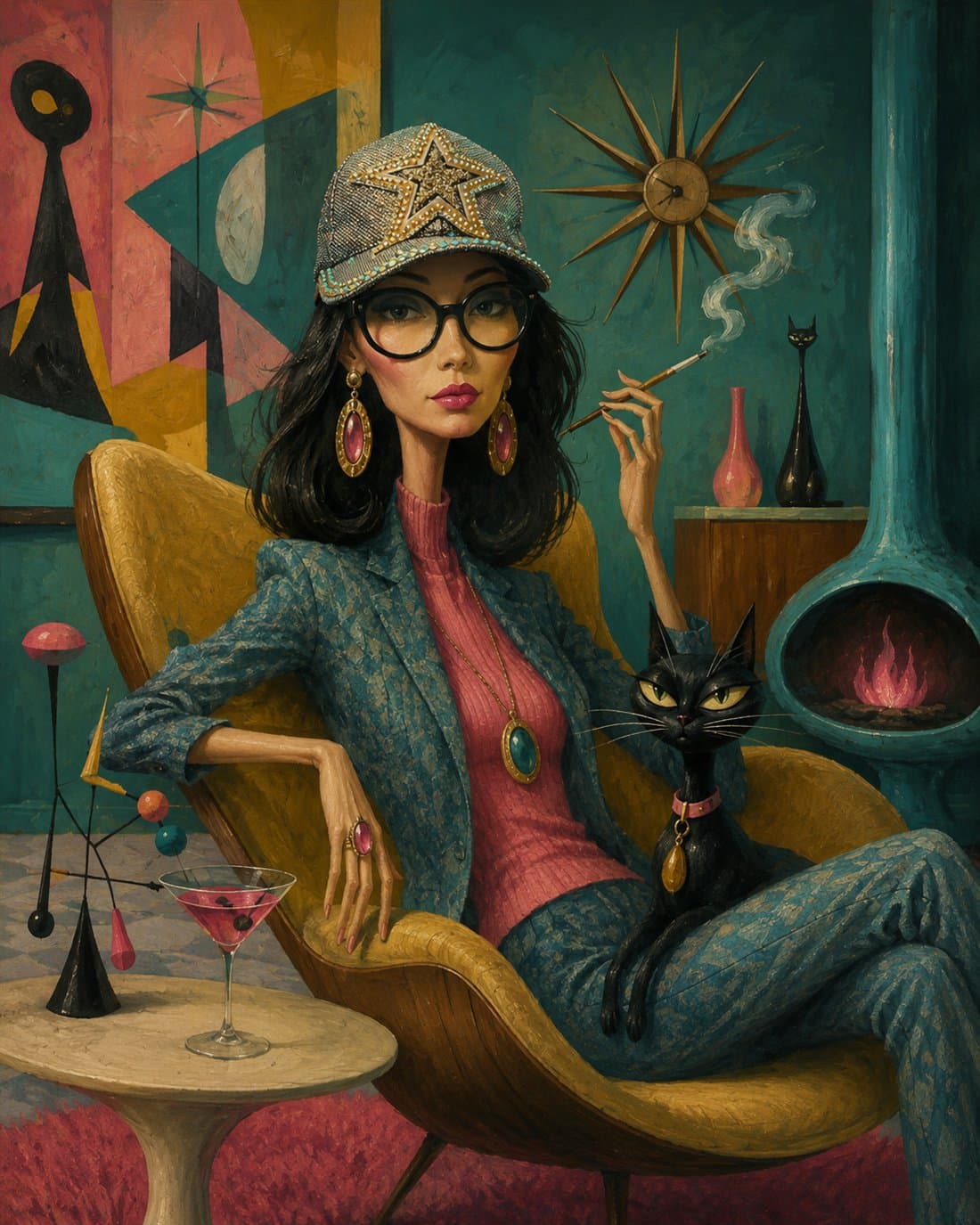 An AI painting of Ping as a mid-century avant-garde artist with a black cat