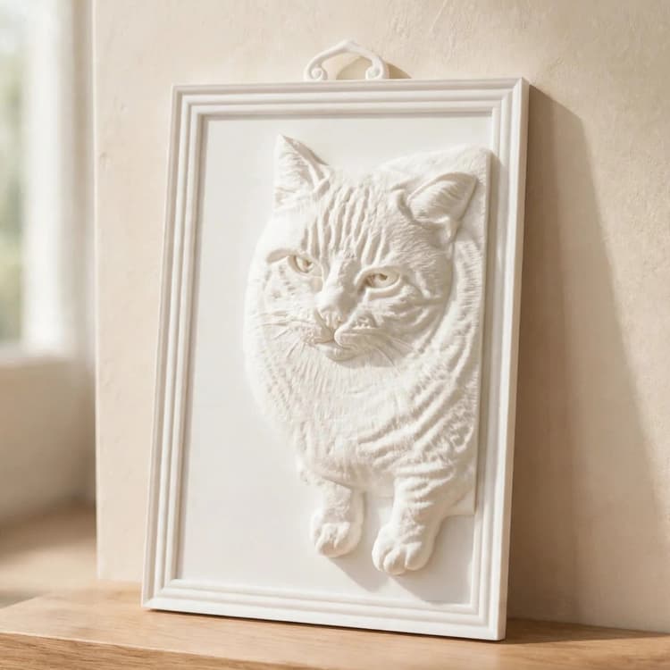 Matte-white sculpted cat relief in a white frame, resting against a wall