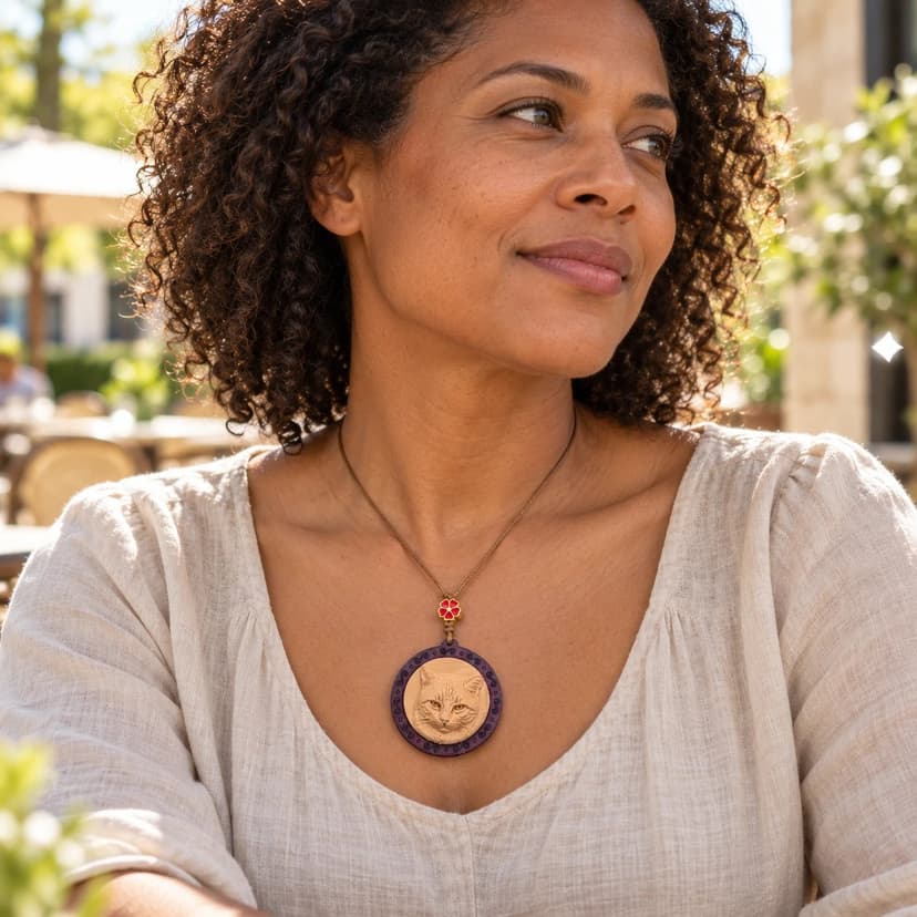 A person wearing a hand-sculpted pet portrait pendant necklace outdoors
