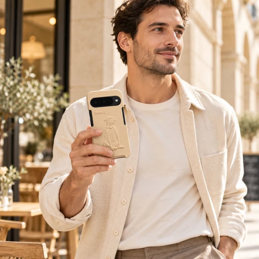 A person holding a custom pet phone case with a raised 3D dog relief