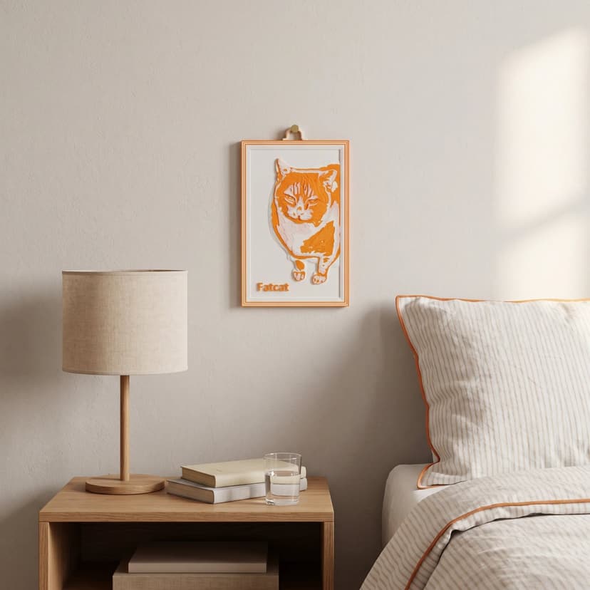 A custom 3D pet portrait relief plaque hung on a bedroom wall above a nightstand
