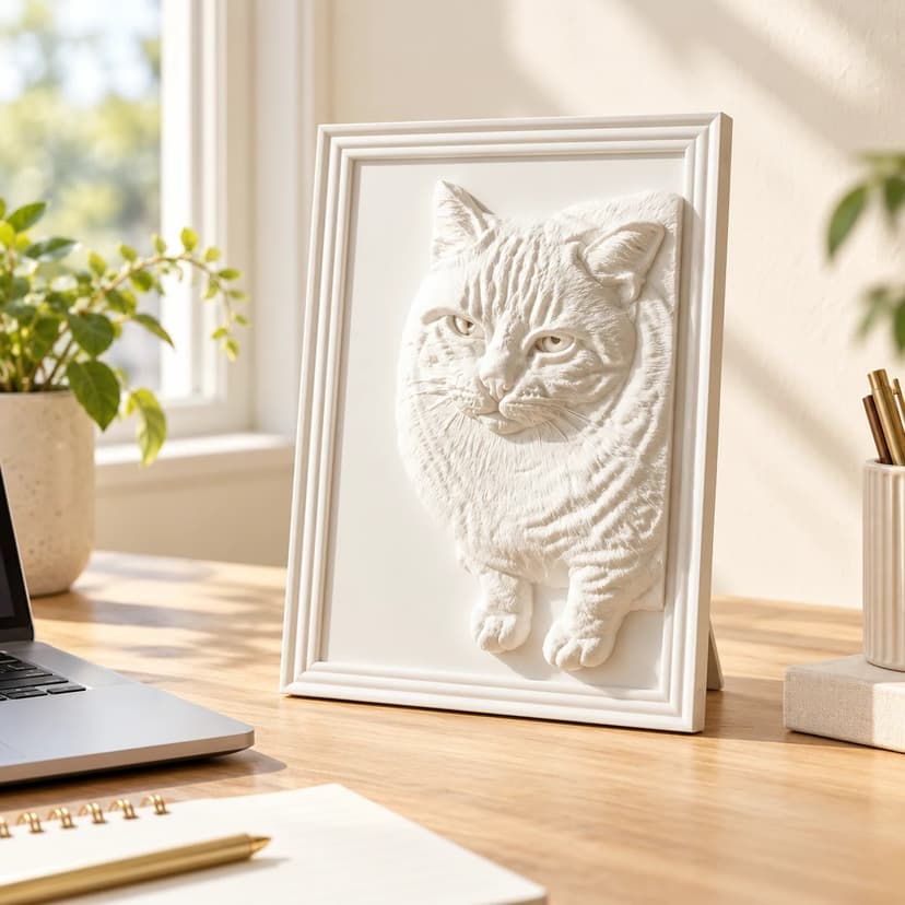 A single-color pet relief in a white frame standing on a sunny desk beside a laptop