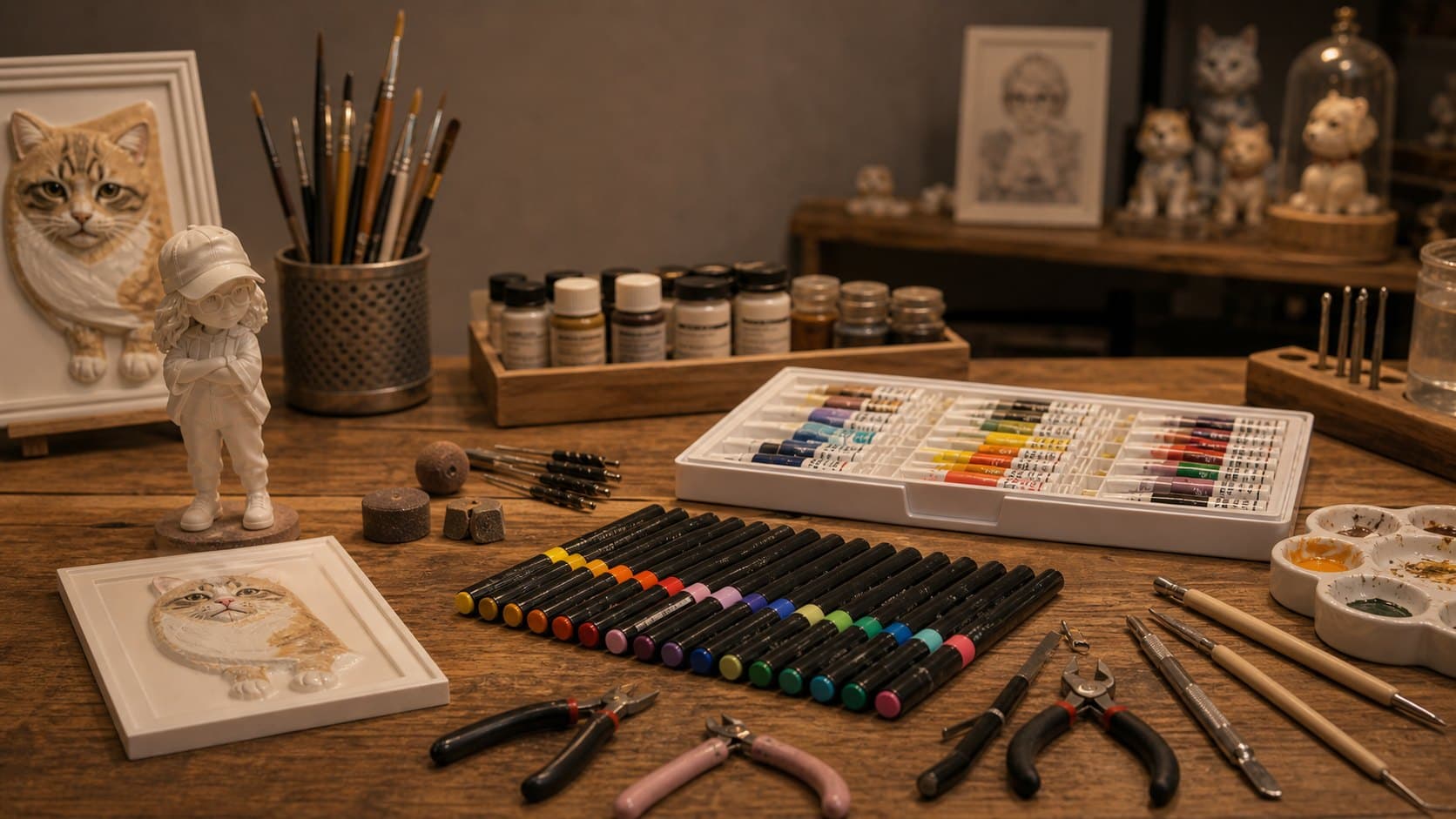 The Moroyal workshop bench — hand-painted pet reliefs, a figurine, brushes and paints