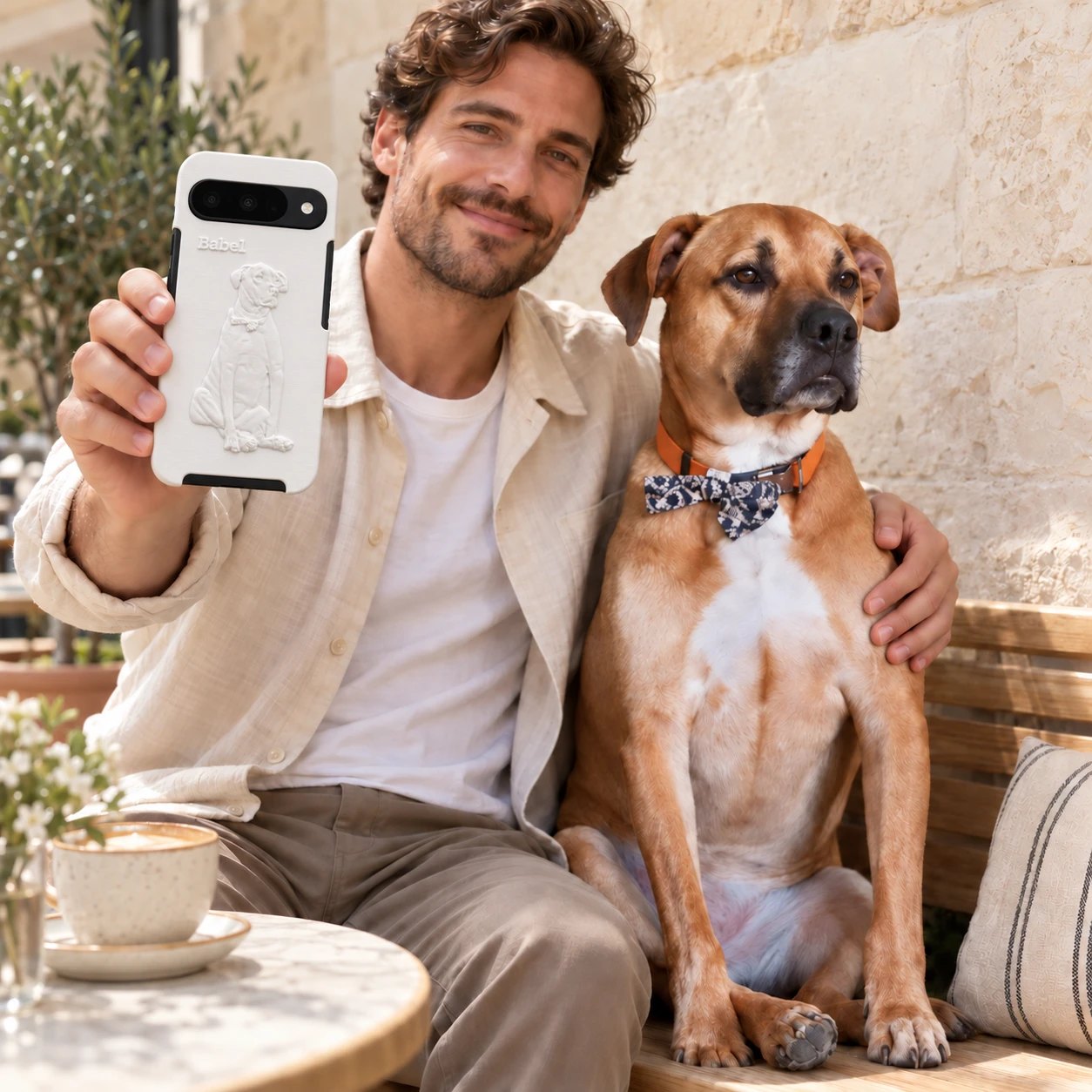 A person holding the custom phone case beside the real dog whose portrait is sculpted on it