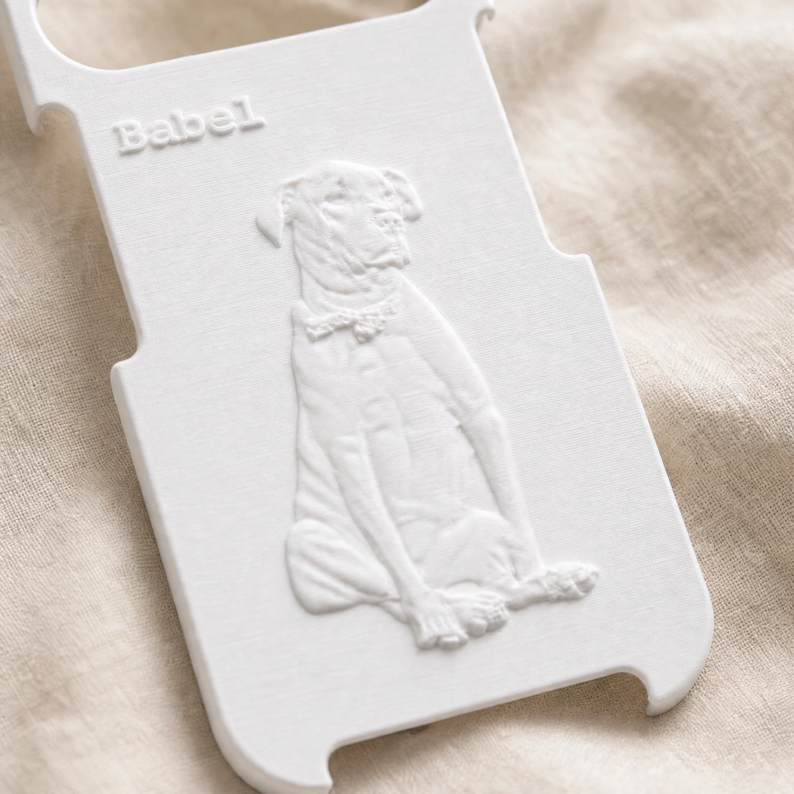 Macro detail of the hand-sculpted raised 3D pet relief on the case